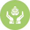 Hands holding ship icon on green circle.