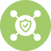 Green circle with shield and nodes icon.
