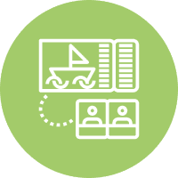 Icon of book, boat, and people symbols.