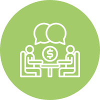 Two people negotiating over money symbol.